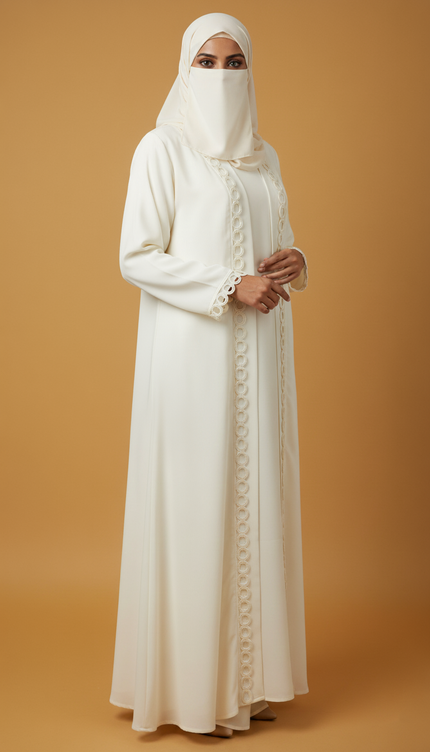 Elegant White Jackey Abaya with Ring Pattern Detailing