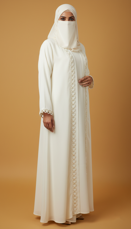Elegant White Jackey Abaya with Ring Pattern Detailing