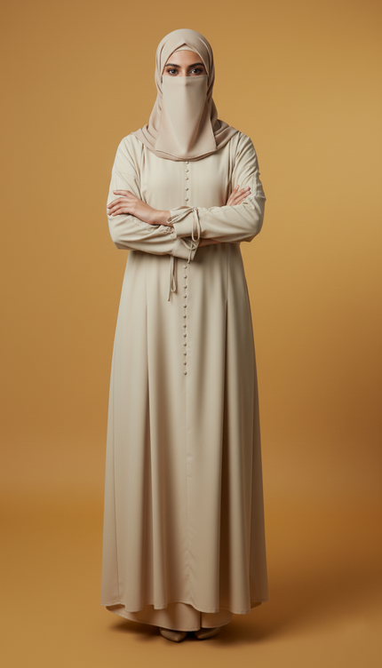 Minimalist Beige A-Line Abaya | Fabric-Covered Buttons & Tie-Up Cuff Sleeves | Premium Casablanca Peach Crepe