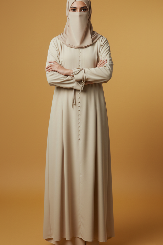 Minimalist Beige A-Line Abaya | Fabric-Covered Buttons & Tie-Up Cuff Sleeves | Premium Casablanca Peach Crepe