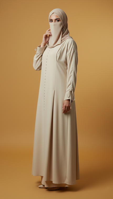 Minimalist Beige A-Line Abaya | Fabric-Covered Buttons & Tie-Up Cuff Sleeves | Premium Casablanca Peach Crepe