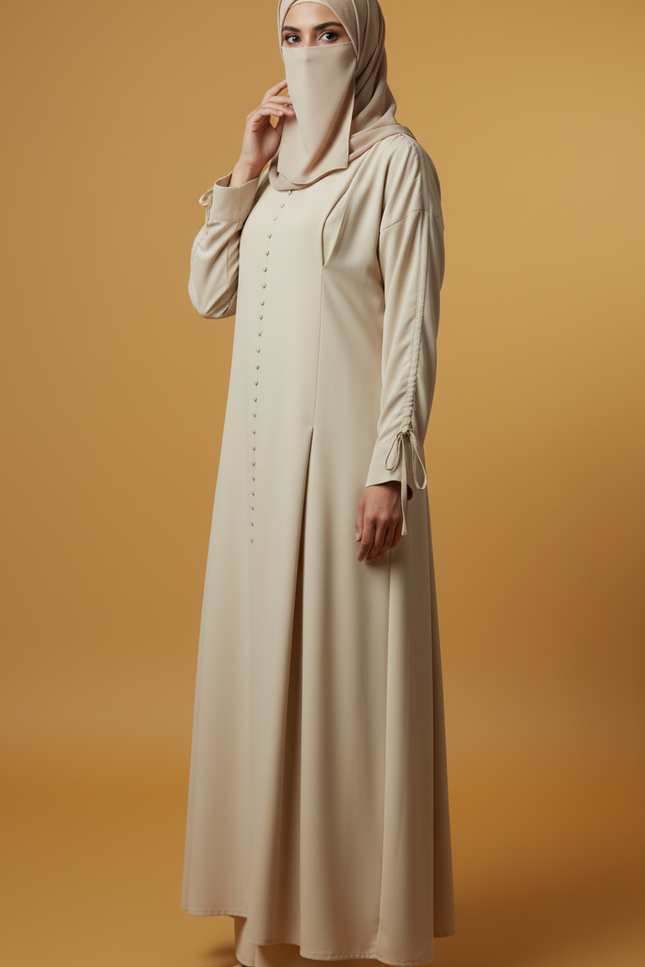 Minimalist Beige A-Line Abaya | Fabric-Covered Buttons & Tie-Up Cuff Sleeves | Premium Casablanca Peach Crepe