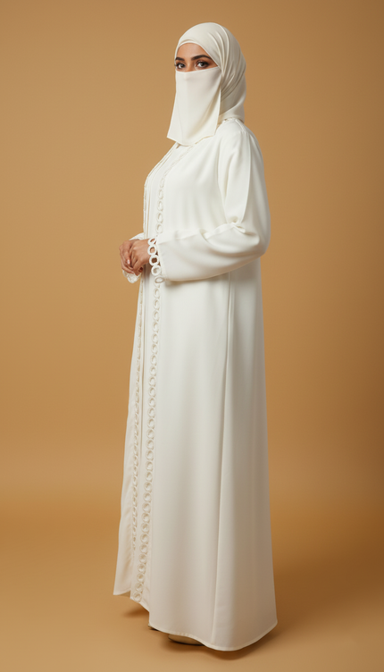 Elegant White Jackey Abaya with Ring Pattern Detailing