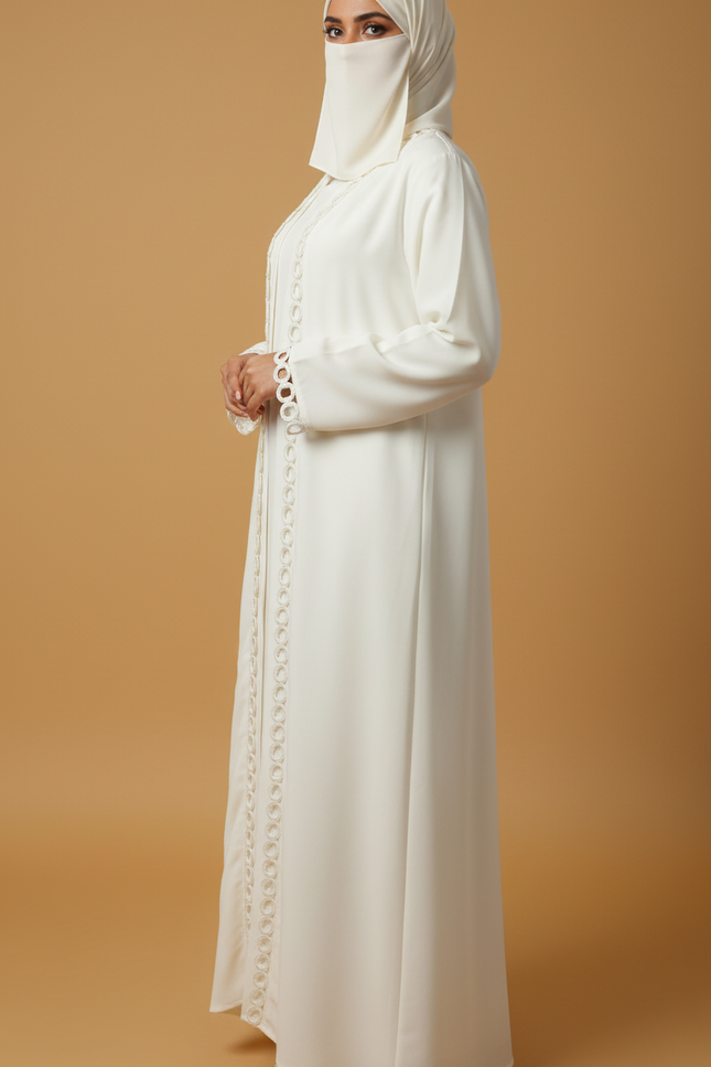 Elegant White Jackey Abaya with Ring Pattern Detailing
