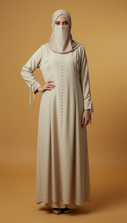 Minimalist Beige A-Line Abaya | Fabric-Covered Buttons & Tie-Up Cuff Sleeves | Premium Casablanca Peach Crepe