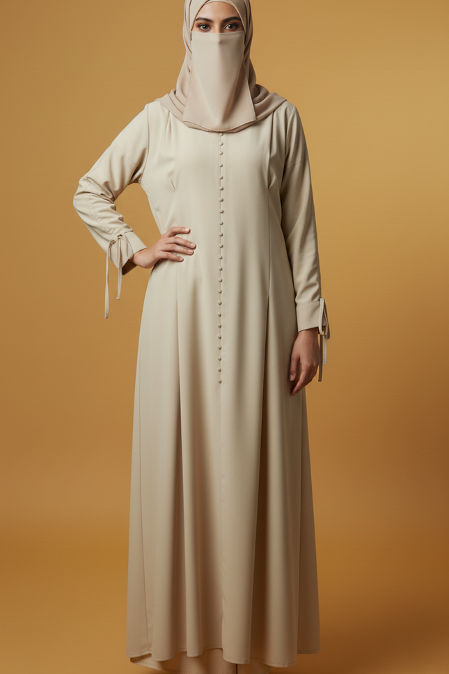 Minimalist Beige A-Line Abaya | Fabric-Covered Buttons & Tie-Up Cuff Sleeves | Premium Casablanca Peach Crepe