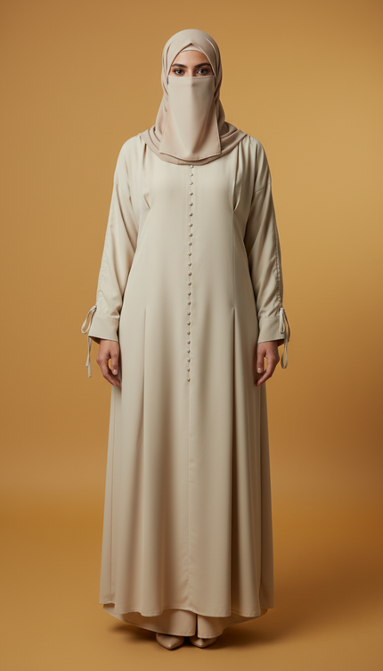 Minimalist Beige A-Line Abaya | Fabric-Covered Buttons & Tie-Up Cuff Sleeves | Premium Casablanca Peach Crepe