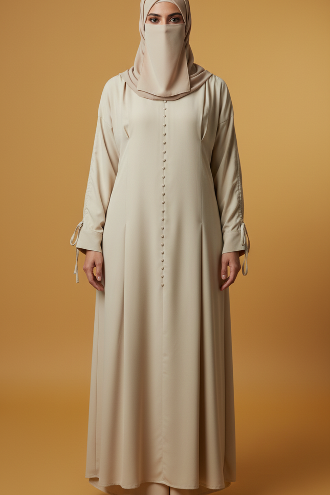 Minimalist Beige A-Line Abaya | Fabric-Covered Buttons & Tie-Up Cuff Sleeves | Premium Casablanca Peach Crepe