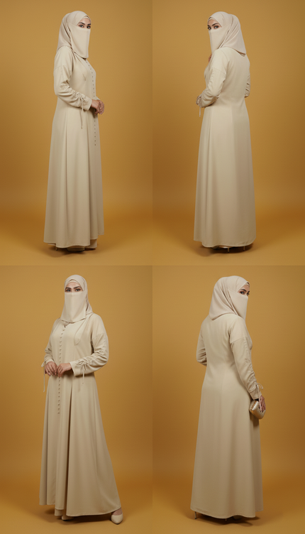 Minimalist Beige A-Line Abaya | Fabric-Covered Buttons & Tie-Up Cuff Sleeves | Premium Casablanca Peach Crepe