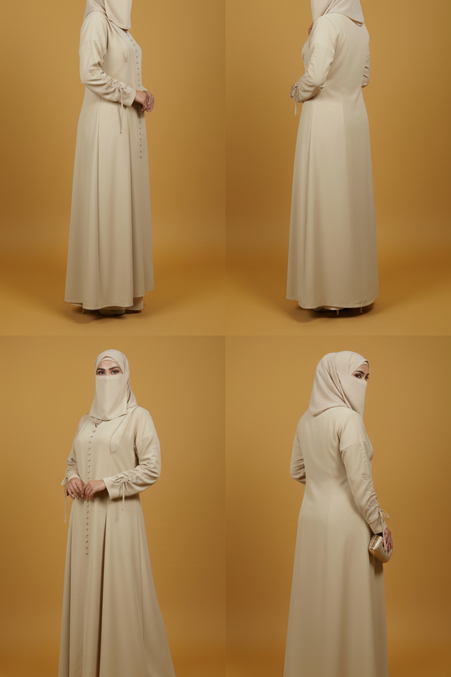 Minimalist Beige A-Line Abaya | Fabric-Covered Buttons & Tie-Up Cuff Sleeves | Premium Casablanca Peach Crepe