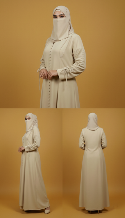 Minimalist Beige A-Line Abaya | Fabric-Covered Buttons & Tie-Up Cuff Sleeves | Premium Casablanca Peach Crepe