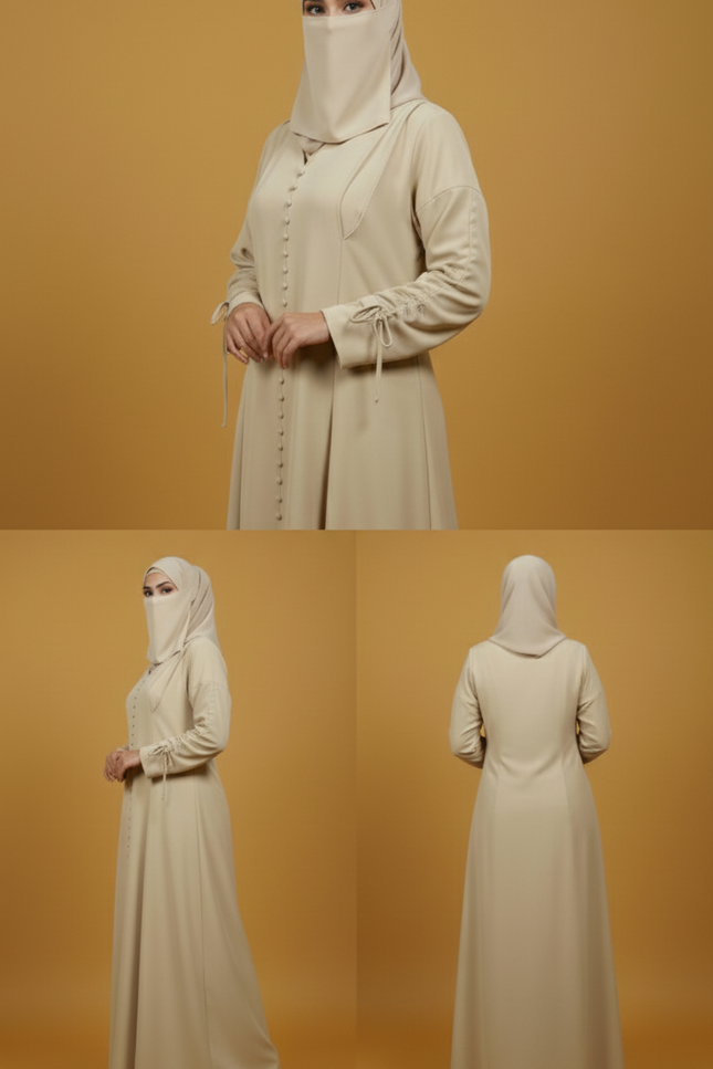 Minimalist Beige A-Line Abaya | Fabric-Covered Buttons & Tie-Up Cuff Sleeves | Premium Casablanca Peach Crepe