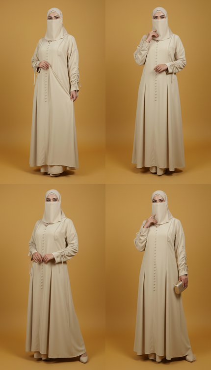 Minimalist Beige A-Line Abaya | Fabric-Covered Buttons & Tie-Up Cuff Sleeves | Premium Casablanca Peach Crepe