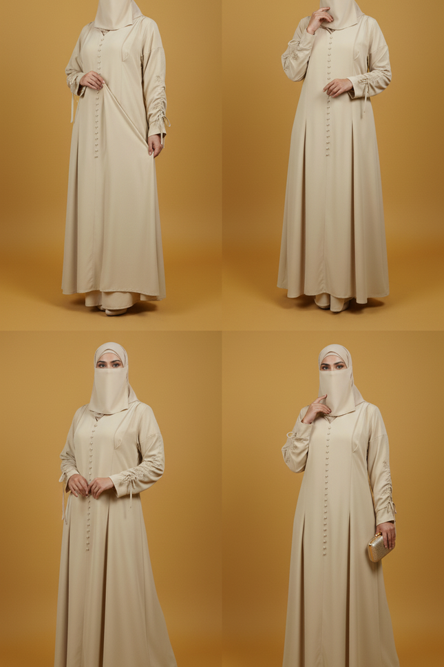 Minimalist Beige A-Line Abaya | Fabric-Covered Buttons & Tie-Up Cuff Sleeves | Premium Casablanca Peach Crepe