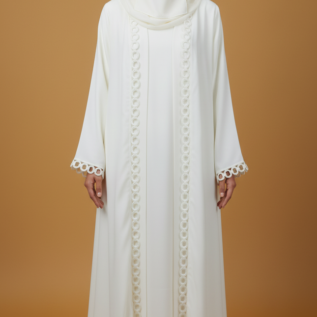 Elegant Off-White Jacket Abaya with Ring Pattern Detailing