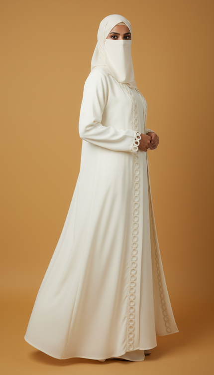 Elegant White Jackey Abaya with Ring Pattern Detailing