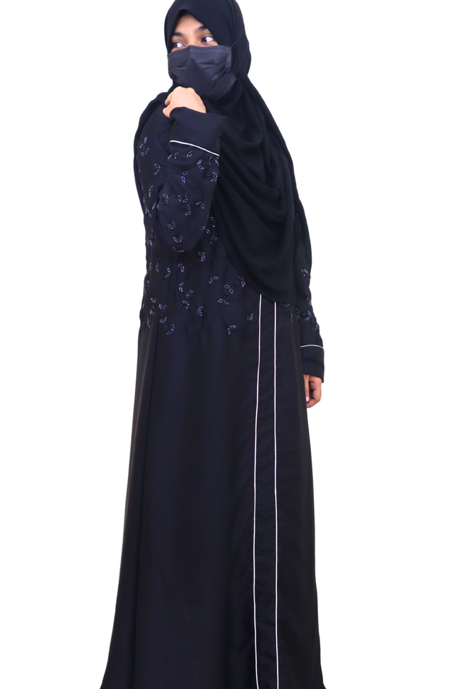 Black Kudi Pattern Heavy Bead Embroidered Front Closed Abaya – Using Imported Korean Nida