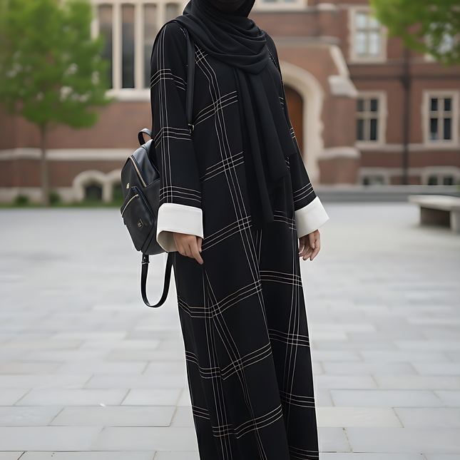 Black A-Line Abaya with Thread Work & Contrast Peach Sleeves