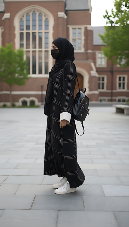 Black A-Line Abaya with Thread Work & Contrast Peach Sleeves
