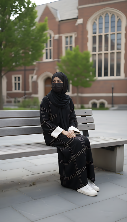 Black A-Line Abaya with Thread Work & Contrast Peach Sleeves