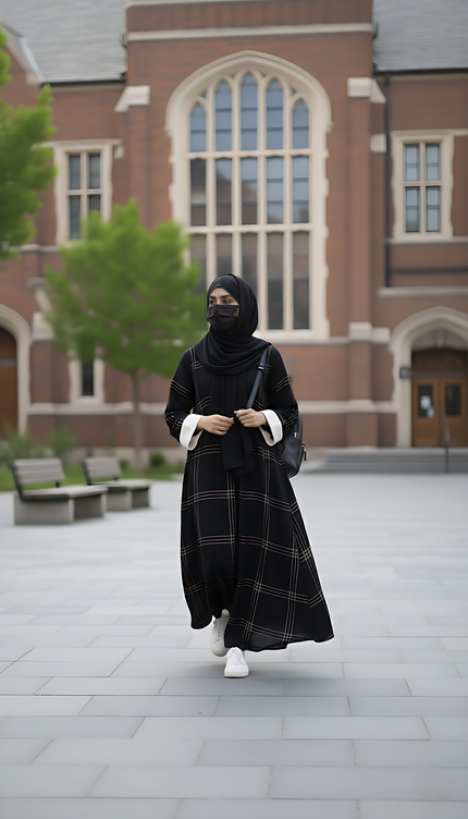 Black A-Line Abaya with Thread Work & Contrast Peach Sleeves