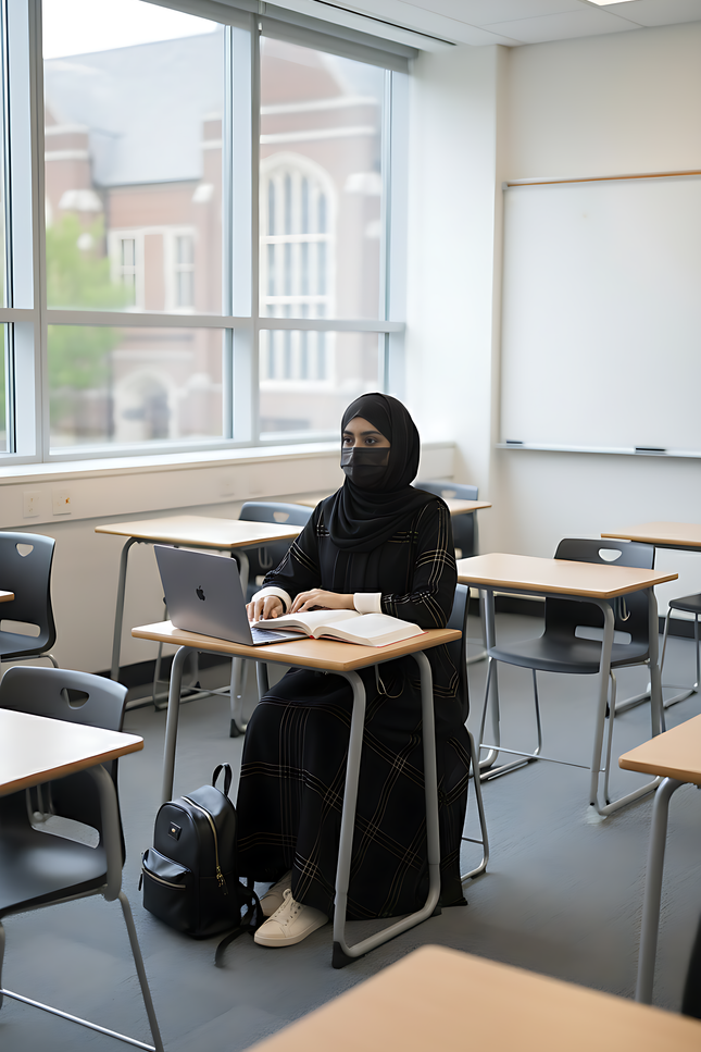 Black A-Line Abaya with Thread Work & Contrast Peach Sleeves