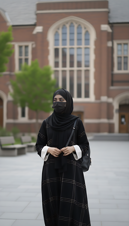 Black A-Line Abaya with Thread Work & Contrast Peach Sleeves