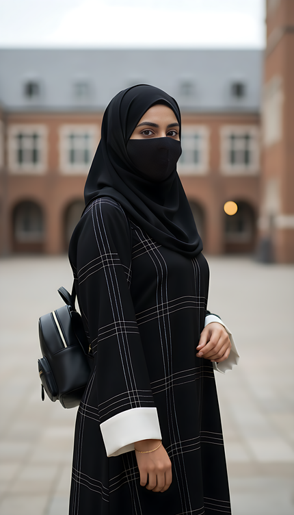 Black A-Line Abaya with Thread Work & Contrast Peach Sleeves