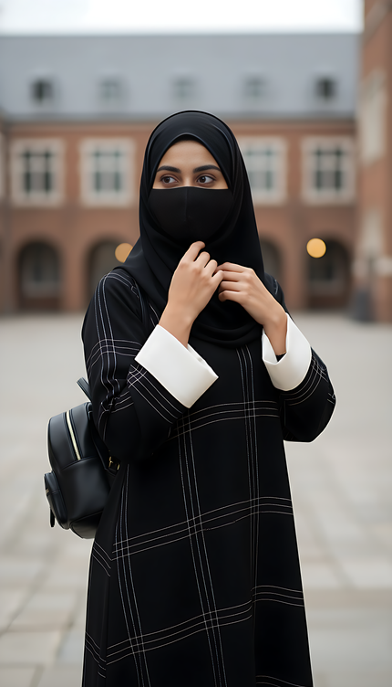 Black A-Line Abaya with Thread Work & Contrast Peach Sleeves