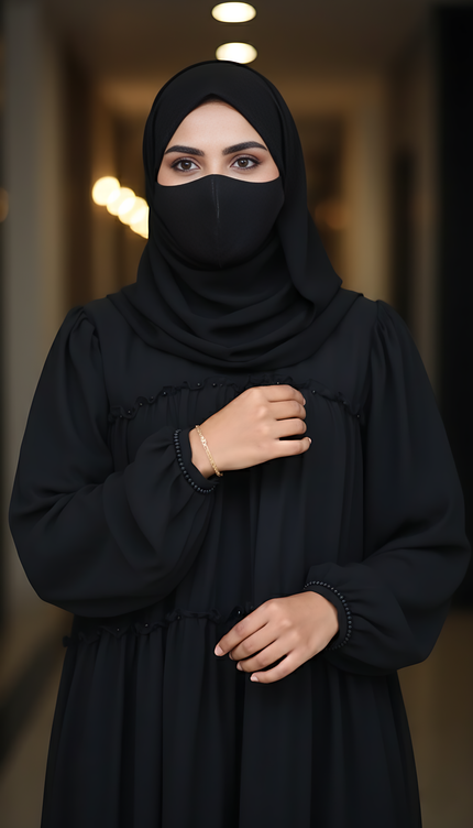 “Black Chiffon Frill Abaya with Bell Sleeves & Damru Work”