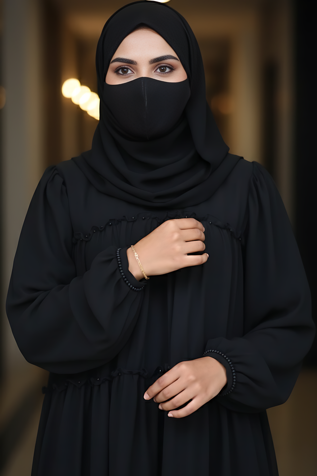 “Black Chiffon Frill Abaya with Bell Sleeves & Damru Work”