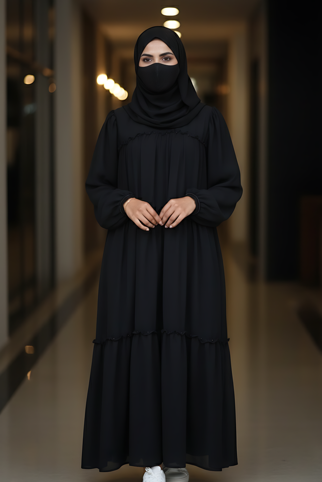 “Black Chiffon Frill Abaya with Bell Sleeves & Damru Work”