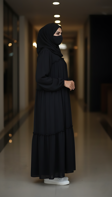“Black Chiffon Frill Abaya with Bell Sleeves & Damru Work”