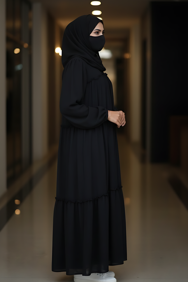 “Black Chiffon Frill Abaya with Bell Sleeves & Damru Work”