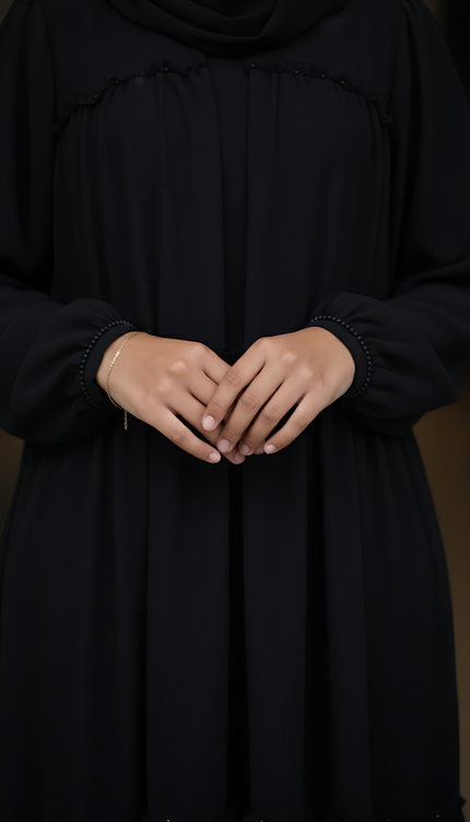 “Black Chiffon Frill Abaya with Bell Sleeves & Damru Work”