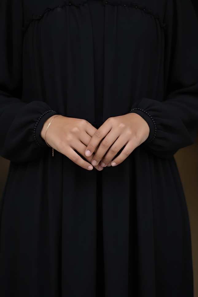 “Black Chiffon Frill Abaya with Bell Sleeves & Damru Work”