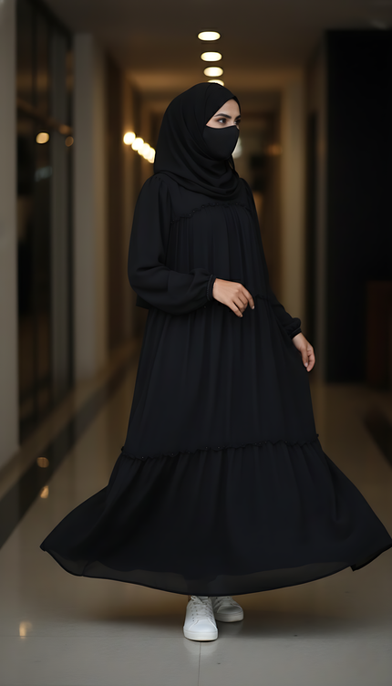 “Black Chiffon Frill Abaya with Bell Sleeves & Damru Work”