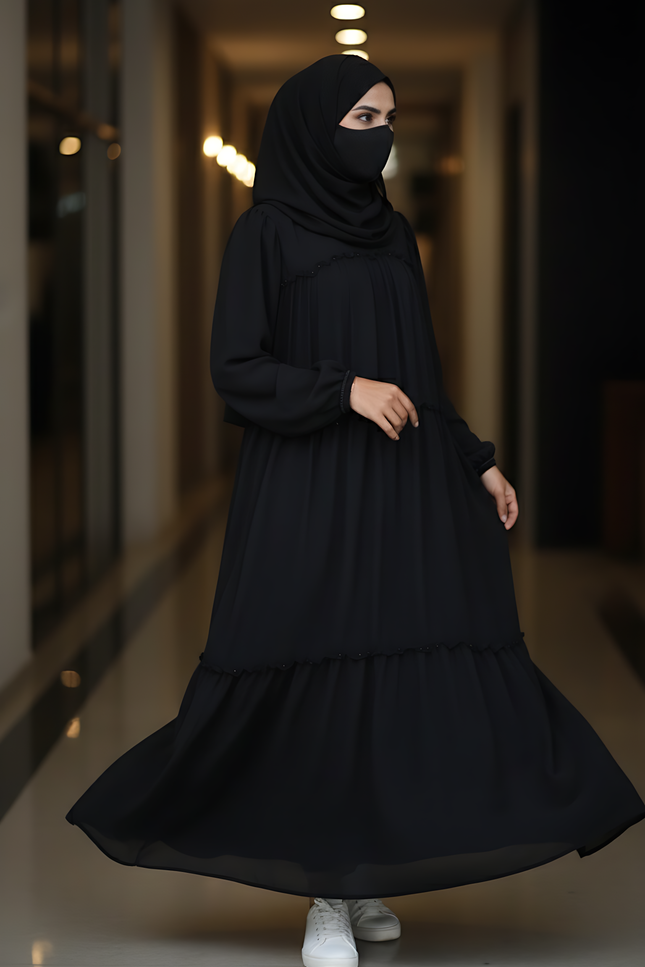 “Black Chiffon Frill Abaya with Bell Sleeves & Damru Work”