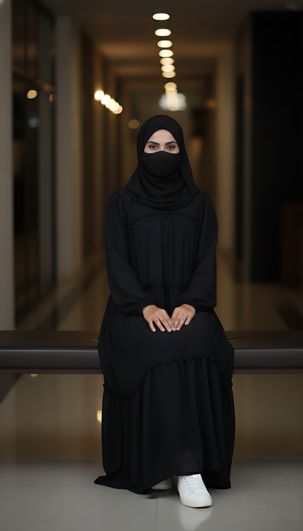 “Black Chiffon Frill Abaya with Bell Sleeves & Damru Work”