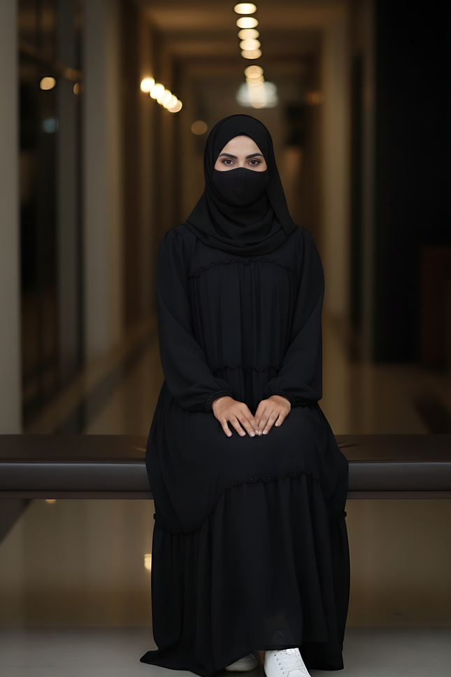 “Black Chiffon Frill Abaya with Bell Sleeves & Damru Work”