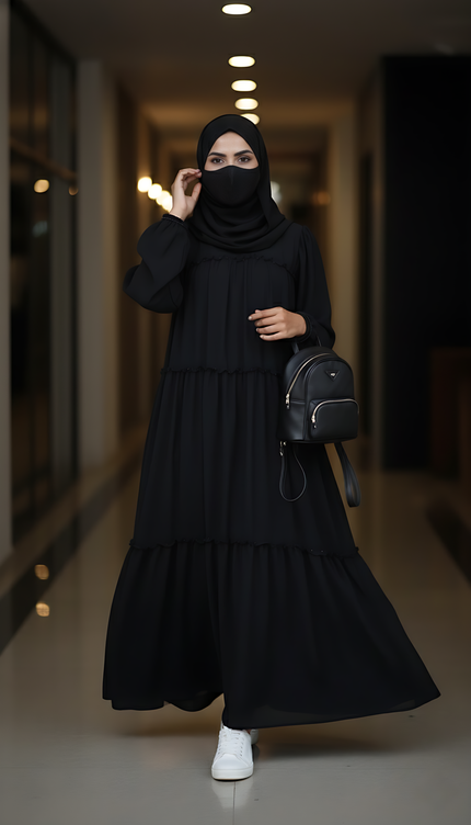 “Black Chiffon Frill Abaya with Bell Sleeves & Damru Work”