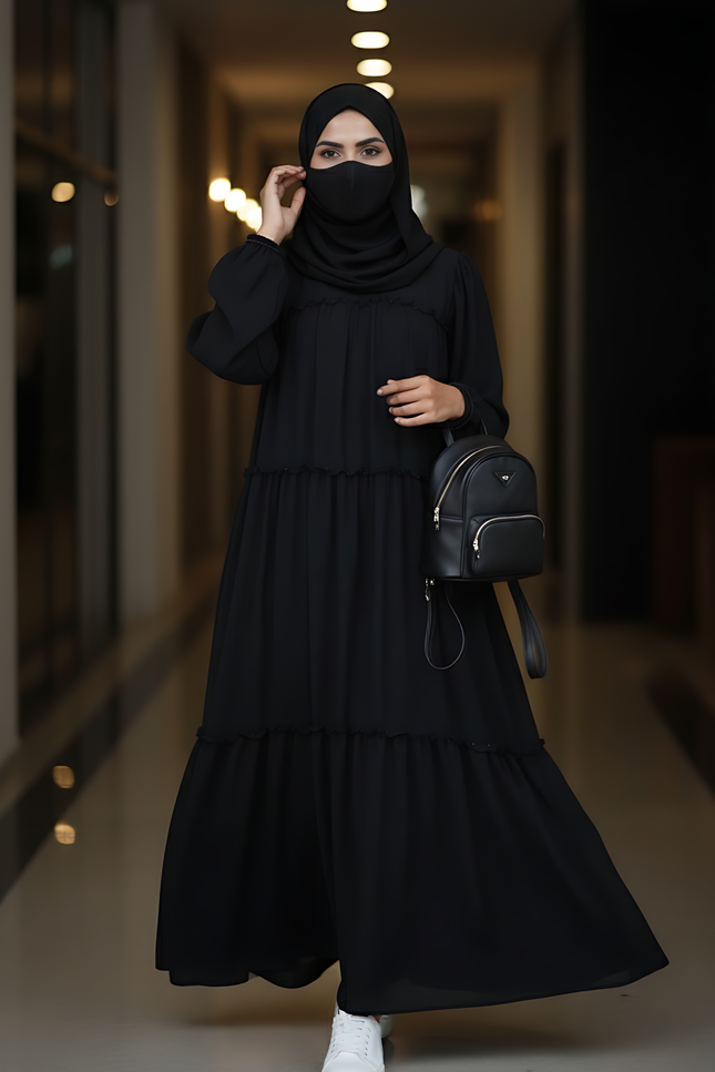 “Black Chiffon Frill Abaya with Bell Sleeves & Damru Work”