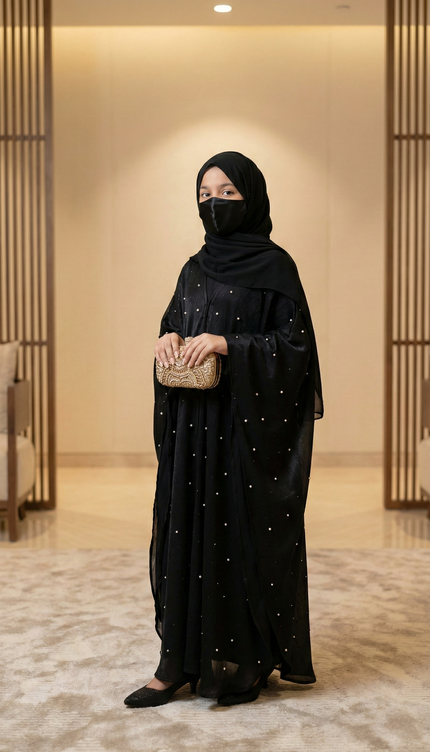 Luxury Black Farasha Jacket Abaya Set for Girls | Organza & Armani Satin