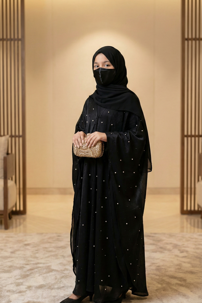 Luxury Black Farasha Jacket Abaya Set for Girls | Organza & Armani Satin