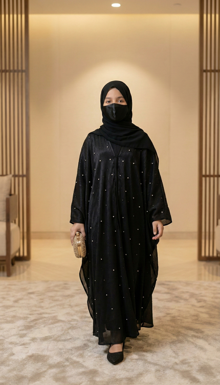 Luxury Black Farasha Jacket Abaya Set for Girls | Organza & Armani Satin
