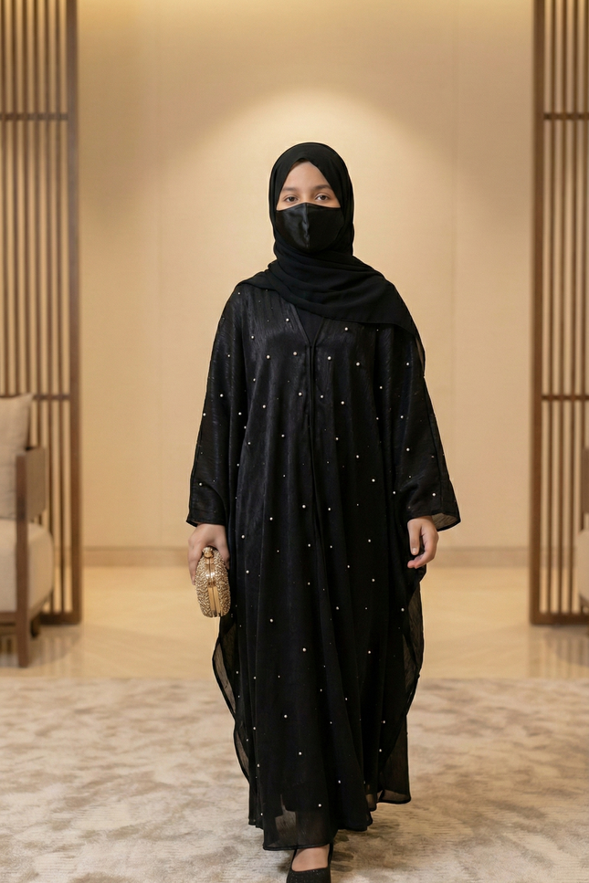 Luxury Black Farasha Jacket Abaya Set for Girls | Organza & Armani Satin