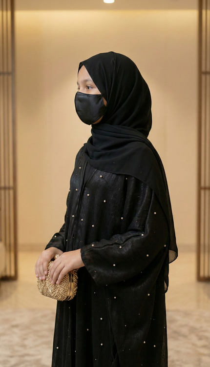 Luxury Black Farasha Jacket Abaya Set for Girls | Organza & Armani Satin