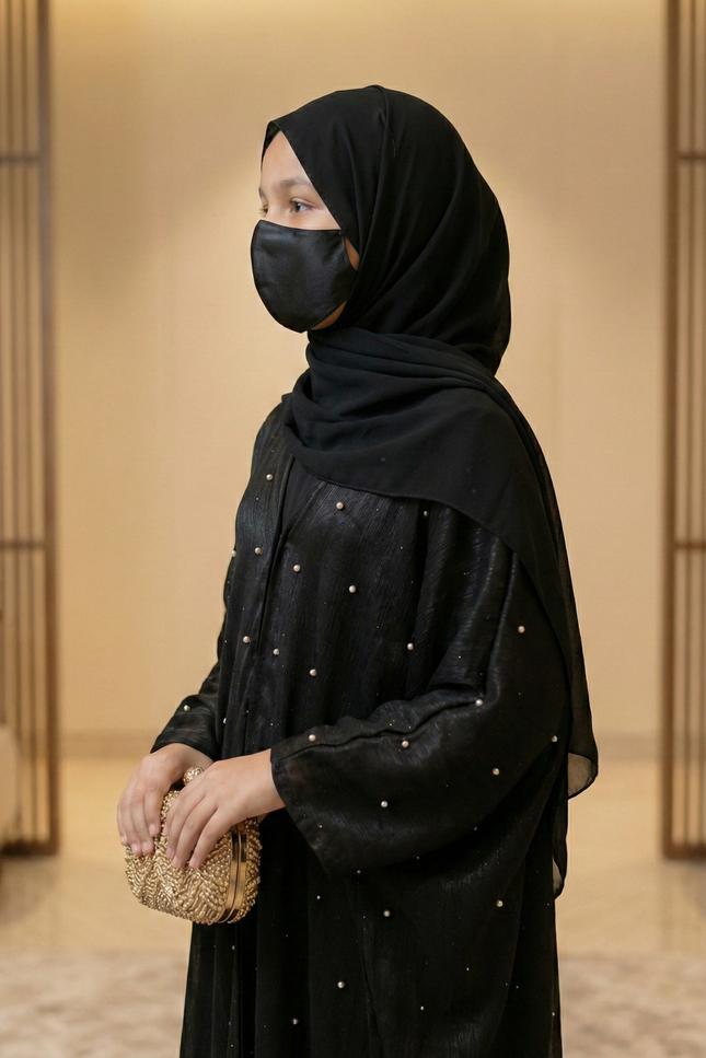Luxury Black Farasha Jacket Abaya Set for Girls | Organza & Armani Satin