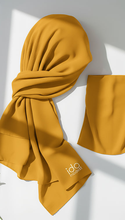 Hijab with Nose Piece – Mustard Yellow | Pre-Stitched Chiffon Hijab