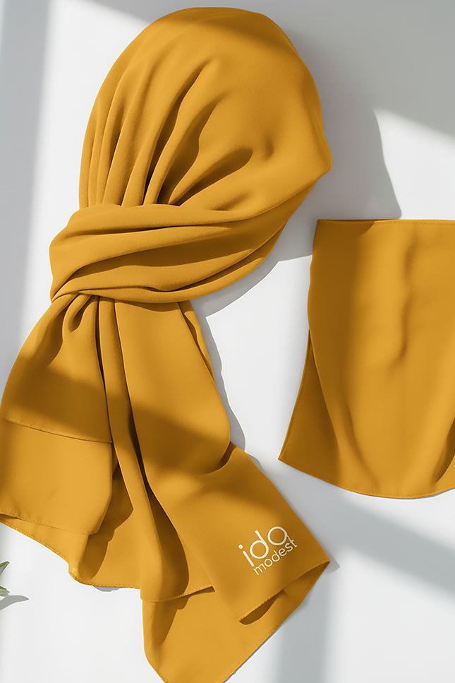 Hijab with Nose Piece – Mustard Yellow | Pre-Stitched Chiffon Hijab